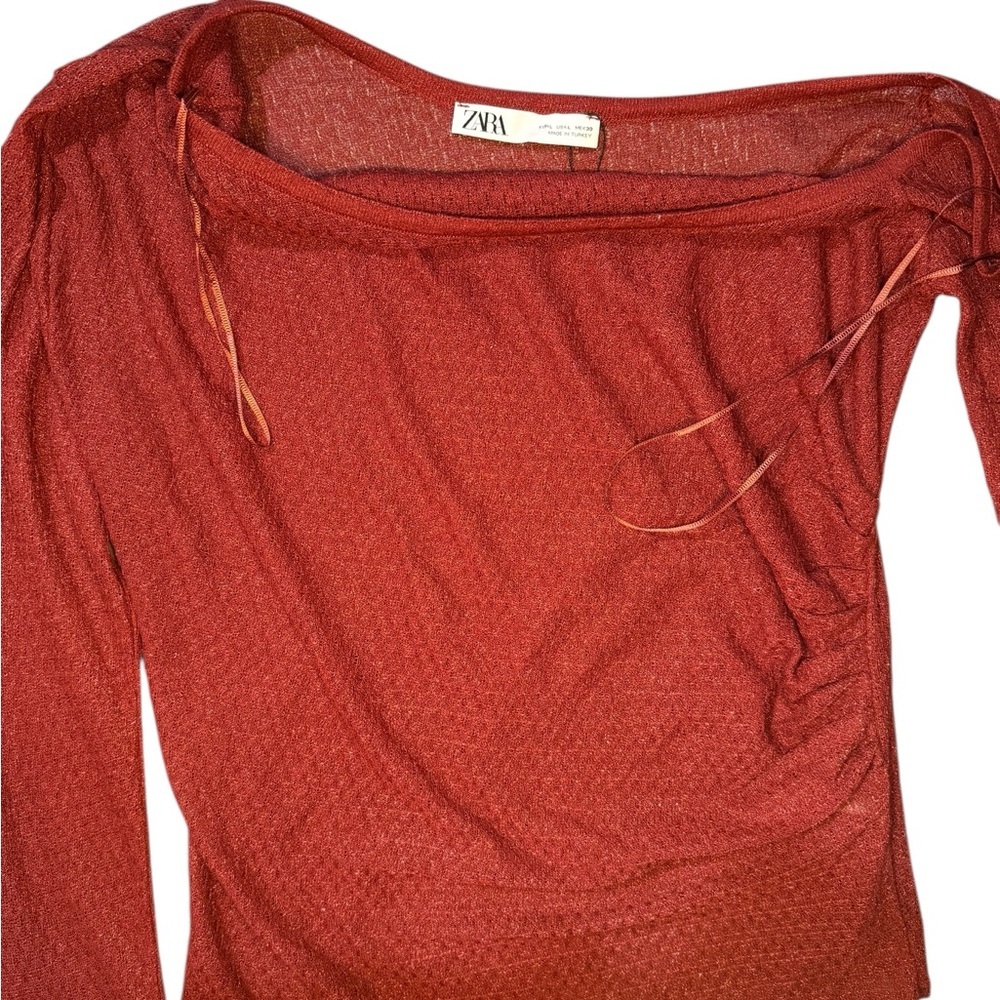 NWOT ZARA Large Rust Red One Shoulder Ruched Long Sleeve Lightweight Cocktail - Picture 3 of 13